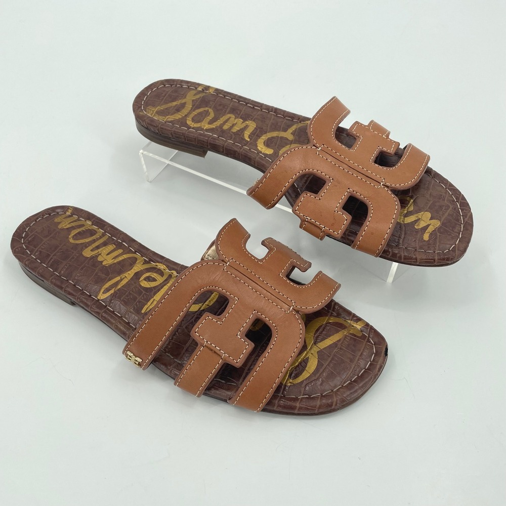 Sam Edelman Womens Bay Slide Sandals 8M Brown Good Croc Embossed Leather *READ*
